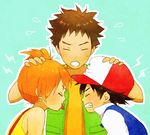  2boys angry baseball_cap black_hair blush brown_hair hat holding kasumi_(pokemon) multiple_boys orange_hair pokemon pokemon_(anime) pokemon_(classic_anime) popela satoshi_(pokemon) short_hair side_ponytail sweatdrop takeshi_(pokemon) tongue 