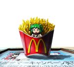  bad_id bad_pixiv_id food french_fries futsuu green_eyes green_hair hair_bobbles hair_ornament hakurei_reimu highres kisume long_sleeves looking_at_viewer mcdonald's napkin open_mouth short_hair simple_background solo touhou twintails white_background 