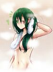  ? breasts censored convenient_censoring facial_tattoo green_eyes green_hair hair_censor hair_over_breasts large_breasts long_hair navel nude one_eye_closed original sai_(bankoru) tattoo towel towel_around_neck wet 