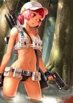  alternate_hair_color assault_rifle banned_artist belt between_breasts black_panties blood breasts cameltoe cleavage cocked_hammer commentary_request fingerless_gloves fio_germi glasses gloves grenade_launcher gun handgun hat highres holding knife left-handed m16 m203 metal_slug navel over_shoulder panties pink_hair pistol red_eyes rifle small_breasts smiley_face solo sweat tree twintails underbarrel_grenade_launcher underwear vest wading water weapon weapon_over_shoulder wet xil 