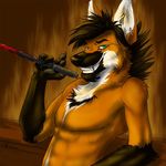  blood canine ear_piercing fuckie green_eyes grin knife male mammal maned_wolf nude piercing raksha solo 