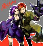  1girl baccano! chane_laforet claire_stanfield couple dress elbow_gloves formal gloves hetero knife ngnl purple_eyes purple_hair red_eyes red_hair trench_coat 