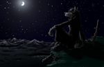  cliff dark dark_theme fuckie grass landscape male mammal melee_weapon moon night outside sitting solo star sword weapon wolf 