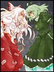  &gt;:( bow cigarette clenched_teeth confrontation dress electricity frown fujiwara_no_mokou ghost_tail green_dress green_eyes green_hair hair_bow hair_ribbon hands_in_pockets hat long_hair multiple_girls open_mouth pants red_eyes ribbon short_hair simple_background soga_no_tojiko tate_eboshi teeth terrajin touhou v-shaped_eyebrows white_hair windowboxed 