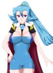  1girl blue_eyes blue_hair breasts cape gym_leader hand_on_hip hips ibuki_(pokemon) large_breasts long_hair nintendo pokemon ponytail smile solo 