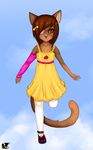  blue blue_background brown brown_eyes brown_fur brown_skin cat cub cute dress eliana-asato feline female fur happy little_girl mammal neco plain_background shoes sky strawberry yellow_clothing yellow_dress young 