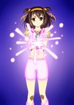  beam brown_eyes brown_hair cosplay crop_top cure_dream cure_dream_(cosplay) energy glowing hair_ribbon hairband henshin highres iyakun looking_at_viewer magic orange_hairband orange_ribbon pink_shorts precure ribbon short_hair shorts solo suzumiya_haruhi suzumiya_haruhi_no_yuuutsu transformation yes!_precure_5 