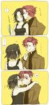  1boy 1girl 3koma assf_krsya baccano! bad_id bad_pixiv_id blush chane_laforet cheek_kiss claire_stanfield comic couple doujinshi heart heart_background hetero highres kiss motion_lines red_eyes red_hair short_hair speech_bubble spoken_blush spoken_exclamation_mark spoken_heart surprised sweatdrop translated yellow_background yellow_eyes 