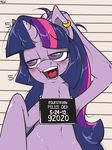 blush drunk ear_piercing english_text equine female feral friendship_is_magic hair horn horse letter_board mammal mcic mugshot my_little_pony piercing plain_background purple_eyes solo text tongue twilight_sparkle_(mlp) two_tone_hair unicorn 