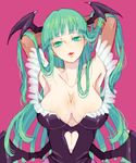  :o aqua_eyes aqua_hair armpits arms_up bangs blunt_bangs breasts cleavage collarbone colored_eyelashes ggk-kgr head_wings heart_cutout large_breasts long_hair morrigan_aensland no_nose pantyhose pink_background puckered_lips solo upper_body vampire_(game) 
