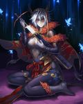  breasts bug butterfly cape cleavage cuboon detached_sleeves insect md5_mismatch medium_breasts original red_eyes scabbard sheath silver_hair sitting sword unsheathing weapon 