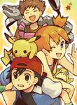  2boys apron backwards_hat bad_id bad_pixiv_id baseball_cap black_eyes black_hair blue_eyes brown_hair closed_eyes frying_pan gen_1_pokemon hat jacket kasumi_(pokemon) ladle lowres multiple_boys oekaki one_eye_closed onix open_mouth pikachu pokemon pokemon_(anime) pokemon_(creature) psyduck satoshi_(pokemon) shirataki_nako shorts smile star suspenders takeshi_(pokemon) waving 