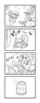  4koma blush bucket closed_eyes comic c~take fang flying_sweatdrops greyscale hair_bobbles hair_ornament highres horn hoshiguma_yuugi in_bucket in_container kisume long_hair monochrome multiple_girls open_mouth petting short_hair tears touhou translation_request twintails 