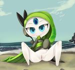  anus beach blue_eyes condom female legendary_pok&#233;mon looking_at_viewer meloetta nintendo pok&#233;mon pussy pussy_juice sea seaside solo spread_legs spreading theboogie video_games water 