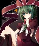  aqua_eyes bad_id bad_pixiv_id blush boots bow cross-laced_footwear frills front_ponytail green_hair hair_bow hair_ornament hair_ribbon hand_on_own_chin kagiyama_hina long_hair looking_at_viewer open_mouth rairateru ribbon solo sweatdrop touhou 