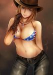  american_flag_bikini bikini blonde_hair blue_eyes breasts cleavage dead_or_alive denim flag_print gloves hat jeans jewelry large_breasts looking_at_viewer nannacy7 navel necklace pants ripped_jeans solo stomach swimsuit tina_armstrong 
