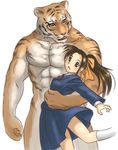  biceps brown_eyes clothing feline female fur hair human jumper long_hair male mammal muscles nude orange_eyes pecs plain_background ponytail schoolgirl shirt skirt tiger xiin 