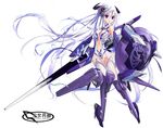  bare_shoulders blade breasts cleavage floating_hair full_body garter_straps girl_arms hair_between_eyes long_hair machinery mecha_musume medium_breasts non-web_source purple_eyes see-through shield simple_background sword text_focus thighhighs very_long_hair weapon white_background white_hair wind zeco 