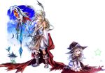  animal_ears belt blue_eyes boots cloak cloud crystal detached_sleeves feathers fujiwara_akina grey_hair hat highres lamp long_hair long_sleeves multiple_girls original pointy_ears purple_eyes skirt sky staff star white_background white_hair witch_hat 