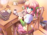  :d aqua_eyes blush book chair hizukiryou holding holding_book inkwell open_book open_mouth original pink_hair plant potted_plant quill short_hair sitting smile solo white_background 