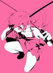  dress dual_wielding highres holding katana long_hair monochrome monogatari_(series) nisemonogatari oshino_shinobu pink pink_background pointy_ears simple_background solo sword tanabe_kyou weapon 