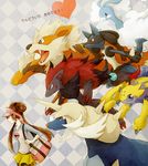  altaria arcanine bag black_legwear brown_hair checkered checkered_background creature double_bun galvantula gen_1_pokemon gen_3_pokemon gen_4_pokemon gen_5_pokemon heart kuru long_hair lucario mei_(pokemon) pantyhose pokemon pokemon_(creature) pokemon_(game) pokemon_bw2 raglan_sleeves samurott shoulder_bag skirt smile twintails visor_cap zoroark 