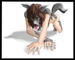  brown_eyes brown_hair canine crying female fur grey_fur hair human mammal nude oak panting plain_background saliva shadow simple_background solo tongue transformation white_background wolf 