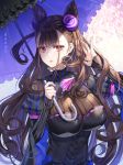  1girl artist_name bangs black_dress breasts brooch brown_hair closed_mouth dress fate/grand_order fate_(series) glint hair_ornament hand_up holding holding_umbrella jewelry juliet_sleeves large_breasts long_hair long_sleeves looking_at_viewer murasaki_shikibu_(fate) plant puffy_sleeves purple_eyes roang sidelocks sleeves_past_wrists solo striped two_side_up umbrella upper_body 