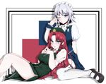  bare_legs blue_eyes braid chinese_clothes hair_ribbon hong_meiling izayoi_sakuya kinou_no_shika maid mary_janes multiple_girls one_eye_closed red_hair ribbon shoes thighhighs touhou white_hair white_legwear 