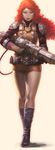  armor armored_dress belt blue_eyes boots brave_(pixar) cropped crossed_legs curly_hair dress earrings energy_gun full_body gloves gun jewelry kilart knee_boots laser_rifle legs long_hair merida_(brave) pauldrons red_hair rifle science_fiction short_dress shoulder_pads simple_background skull solo standing thighs utility_belt walking weapon 