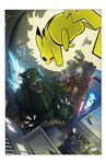  bad_id bad_pixiv_id city crossover gen_1_pokemon glowing godzilla godzilla_(series) highres kaijuu kamitsure_(pokemon) pantyhose pikachu pokemon pokemon_(creature) railing ruins smoke teeth 