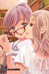  absurdres book bookshelf brown_eyes brown_hair couple eye_contact eyewear_removed glasses hibiki_reine highres holding holding_eyewear library looking_at_another multiple_girls non-web_source original ponytail purple_eyes purple_hair scan yuri 