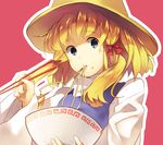  blonde_hair blue_eyes chopsticks eating food hat looking_at_viewer meandros moriya_suwako noodles ramen ribbon solo touhou weee_(raemz) 
