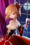  alcohol bare_shoulders breasts collarbone cup curtains dress drinking_glass full_moon holding lignigese lowres medium_breasts moon night orange_hair red_dress red_eyes short_hair solo sword_girls tari window wine wine_glass 