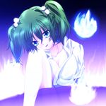  blue_eyes blue_fire breasts bucket cleavage collarbone fire green_hair hair_bobbles hair_ornament in_bucket in_container kisume kotaroukuroo large_breasts older open_mouth short_hair solo touhou twintails 