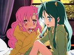  blue_eyes commentary derivative_work eyeliner green_hair highres horns kururu_(kururock) long_hair lum makeup multiple_girls pink_eyes pink_hair ran_(urusei_yatsura) urusei_yatsura 