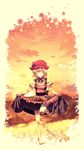  aki_minoriko apple apron barefoot blonde_hair closed_eyes dress food frills fruit full_body grapes grass hat highres light_smile long_sleeves neck_ribbon orange_sky persimmon ribbon short_hair skirt_basket skirt_hold sky solo standing standing_on_one_leg sunakumo sunset touhou 