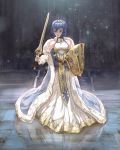  1girl absurdres ahoge armor azto_dio cosplay dress falchion_(fire_emblem) fire_emblem fire_emblem:_kakusei fire_emblem_cipher fire_emblem_heroes fur_trim highres jacket long_hair lucina lucina_(cosplay) mark_(female)_(fire_emblem) mark_(fire_emblem) nintendo open_mouth short_hair simple_background smile solo sword weapon 
