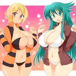  2girls aqua_eyes aqua_hair bikini black_bikini blonde_hair breasts brown_eyes curvy female hips huge_breasts large_breasts long_hair multiple_girls navel no_pants no_skirt open_clothes open_mouth open_shirt original shirt short_hair standing swimsuit thighs wedge white_bikini white_swimsuit wide_hips 