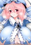  arms_up blush breast_grab breasts commentary_request cum cum_on_body cum_on_upper_body facial grabbing han_(jackpot) hat heart huge_breasts looking_at_viewer paizuri paizuri_under_clothes penis saigyouji_yuyuko short_hair smile solo_focus spoken_heart touhou 