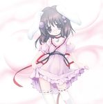  :3 adapted_costume animal_ears black_hair brown_eyes bunny_ears detached_sleeves hair_bobbles hair_ornament inaba_tewi izumi_yukiru light_smile looking_at_viewer puffy_sleeves ribbon short_hair short_sleeves skirt skirt_lift solo thighhighs touhou white_legwear 