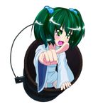  ayuosu blush bucket collarbone green_eyes green_hair hair_bobbles hair_ornament highres in_bucket in_container kisume long_sleeves open_mouth pointing short_hair solo touhou twintails wide_sleeves wooden_bucket 