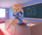  big_breasts blonde_hair breasts classroom cleavage clothed clothing disney dress eyewear female glasses goof_troop hair inviting looking_at_viewer ms_pennypacker necklace nitro seductive short_hair sitting solo teacher thighs wide_hips 