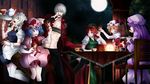  5girls bad_id bad_pixiv_id black_legwear blonde_hair blue_eyes blue_hair book bow braid chair chest collarbone crossover cup dante_(devil_may_cry) devil_may_cry flandre_scarlet hat hat_bow highres hong_meiling izayoi_sakuya long_hair long_sleeves maid maid_headdress moon multiple_girls navel open_mouth parfait patchouli_knowledge puffy_sleeves purple_eyes purple_hair red_eyes red_hair remilia_scarlet short_hair short_sleeves side_ponytail silver_hair sitting sky star sweatdrop table teapot thighhighs tongue torizousui touhou tray twin_braids white_hair white_legwear wrist_cuffs 
