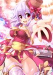  archbishop breasts cleavage cross hat hat_ribbon highres holding medium_breasts no_panties ooyama_kina open_mouth purple_hair ragnarok_online reaching red_eyes ribbon short_hair sky smile solo thigh_ribbon thighhighs white_legwear 