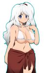  bad_id bad_pixiv_id bikini blue_eyes blush breasts fuantei hair_bobbles hair_ornament large_breasts long_hair red_sarong sarong shinki side_ponytail simple_background smile solo swimsuit touhou touhou_(pc-98) white_background white_hair 