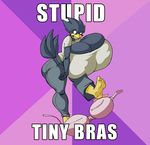  anthro avian beak big_breasts bird black_hair bra breasts busty_bird clothing english_text female hair huge_breasts hyper hyper_breasts jaeh kick pants shirt text underwear 