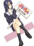  blue_hair brown_eyes cross cross_hair_ornament cross_necklace crossed_legs hair_ornament highres holding holding_sign jewelry kannagi kashinogi loafers long_hair long_sleeves necklace shoes sign sitting smile solo very_long_hair zange 