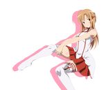  absurdres adjusting_clothes adjusting_legwear akou_(phoenix777) asuna_(sao) blush brown_eyes brown_hair highres long_hair long_legs outstretched_leg skirt smile solo sword_art_online thighhighs thighhighs_pull white_legwear 