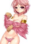  1girl armband blush breasts claws cleavage feathers harigane_shinshi harpy highres large_breasts monster_girl navel nude original pink_hair red_eyes short_hair simple_background smile solo white_background wings 